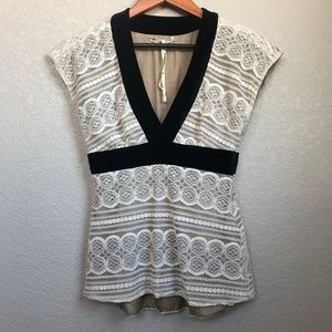 Beautiful Top Ivory Lace with Black Velvet Trim XS